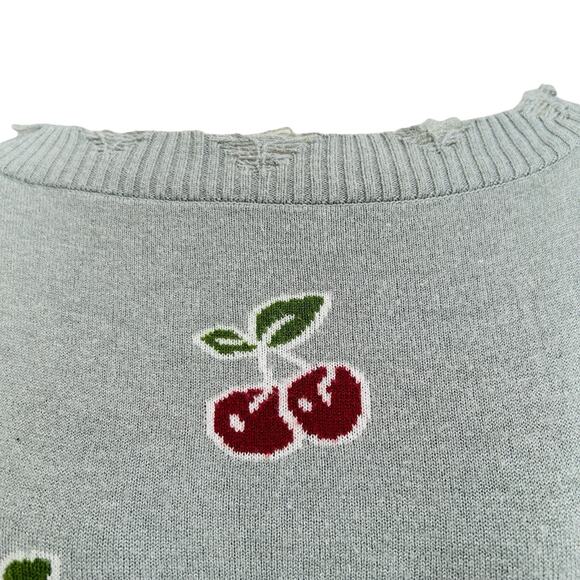 Cherry Sweater Knit Thrashed Womens Medium Grey Red V Back Grunge Cozy Punk - Picture 11 of 11
